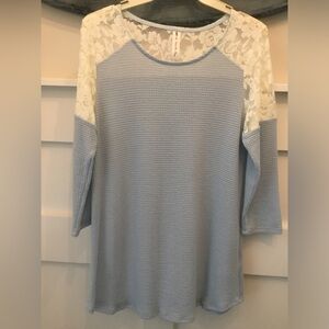 Vanilla Bay Light Blue Waffle Knit Tunic with Lace Yoke